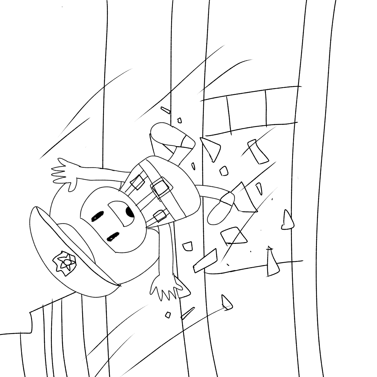 A monochrome digital sketch drawing of Toad with a police uniform falling from a window in an apartment with glass shattering, smiling with an open mouth.