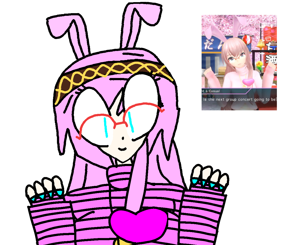Digital drawing of Luka Megurine (Light & Casual module) wearing a pink sweater, a gold and brown hairband resembling her headphones, fake pink bunny ears, a gold necklace, with a circle labeled L, and a pink heart on her chest, smiling, with her arms shown and her hands closed. Next to the drawing is the reference, which is a screenshot from Project DIVA X.