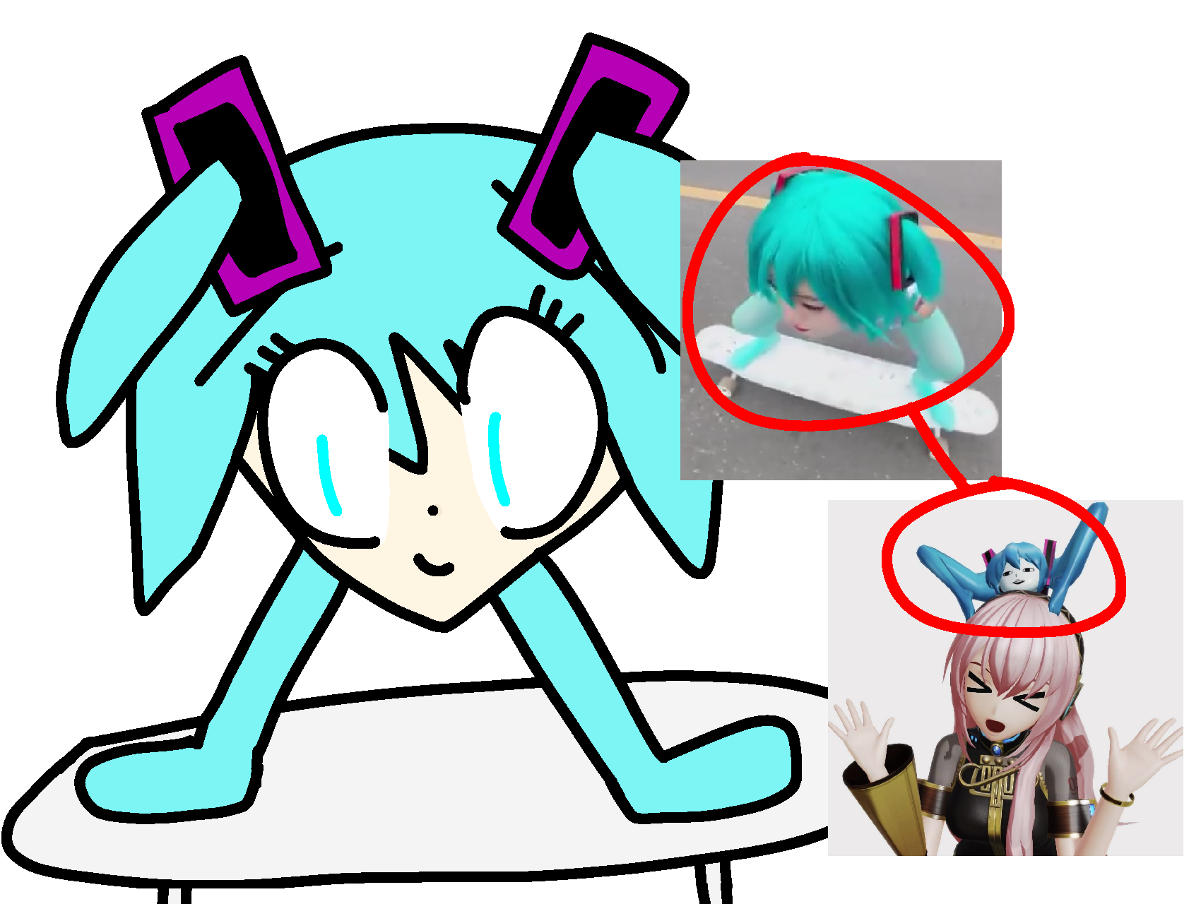 A digital drawing of Hatsune Miku on a skateboard, with only her head and part of her hair is becoming her legs. Next to the drawing is the reference, which is a screenshot of a video of a cosplayer with a skateboard, with the camera angle making the video show her head and legs. There is a circle drawn around the reference, directing to another circle, drawn around an image of Luka Megurine, with an annoyed expression, with a mini Hatsune Miku head with her hair as her legs, placed on Luka's head.