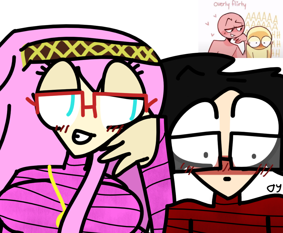 A re-draw of a ship meme, showing Luka Megurine looking at my sona, with a smirk, and my sona looking down and blushing.