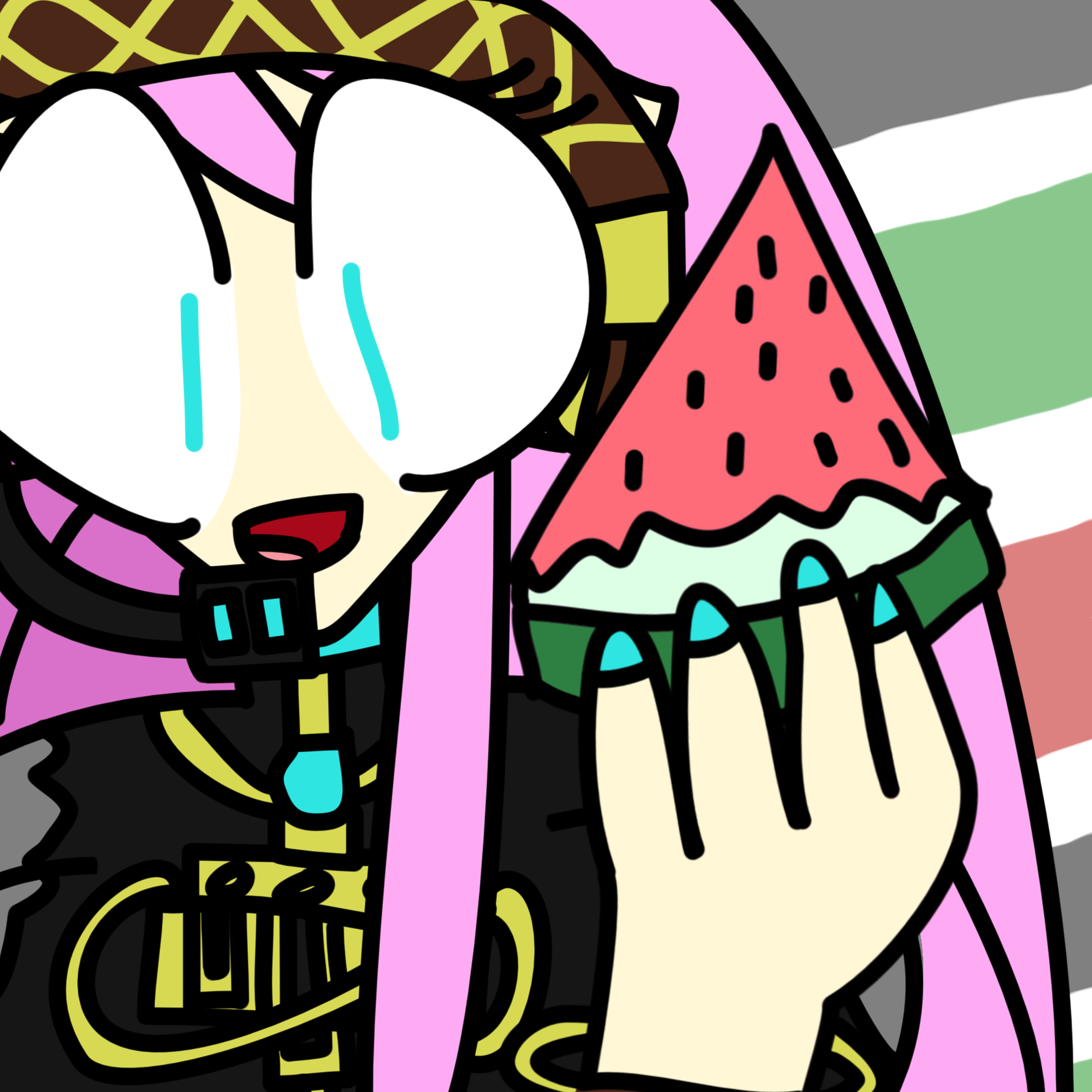A digital drawing of Luka Megurine with a happy expression, holding a watermelon. The background is shown as striped lines, representing the Palestine flag.