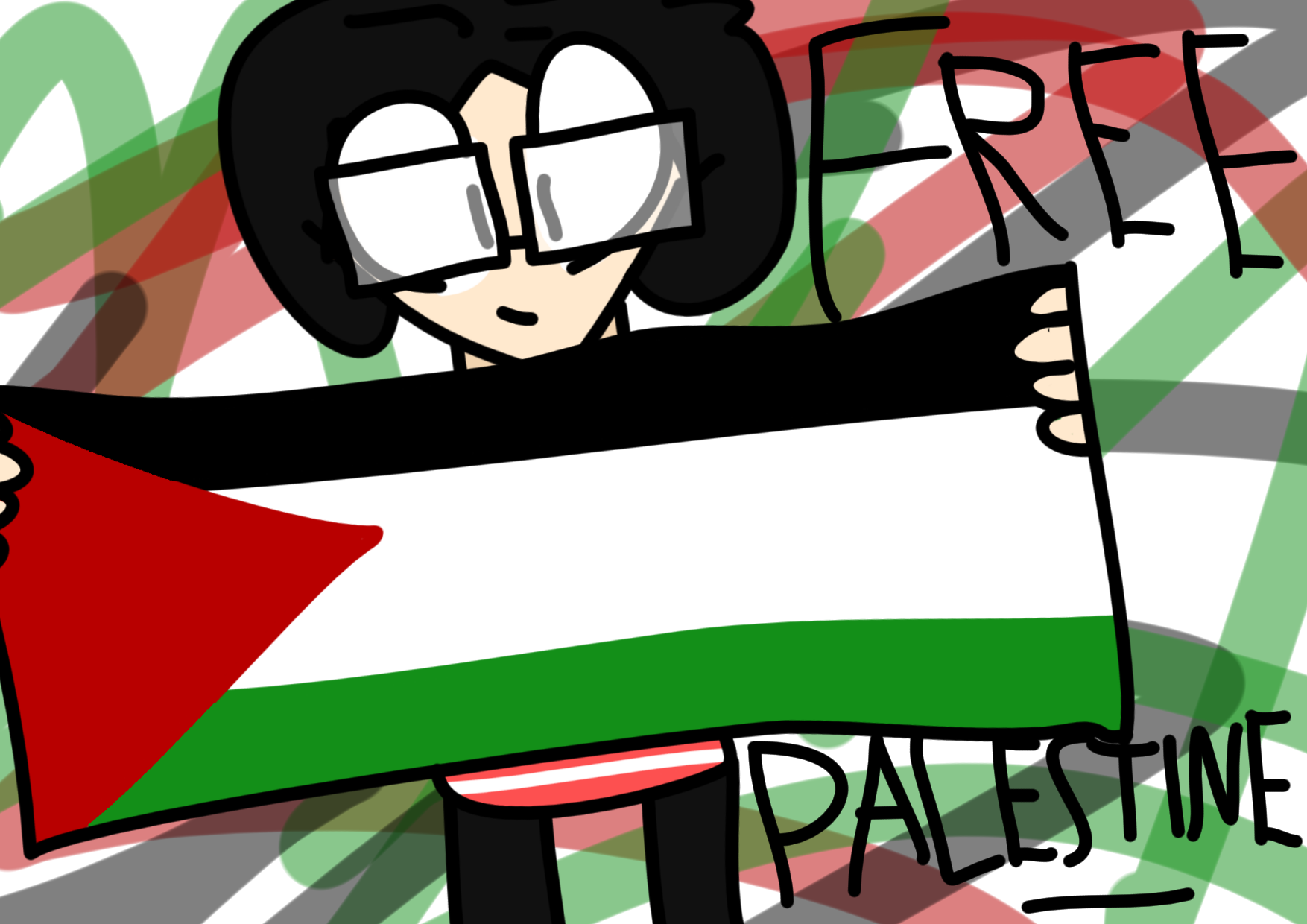 A digital drawing of my sona (a man with black hair, eyeglasses, red & white striped shirt, and black pants), holding the Palestine flag with his two hands, smiling. There is writing beside him captioned 'FREE PALESTINE'. The background is squiggles of the colors that represent Palestine's flag.