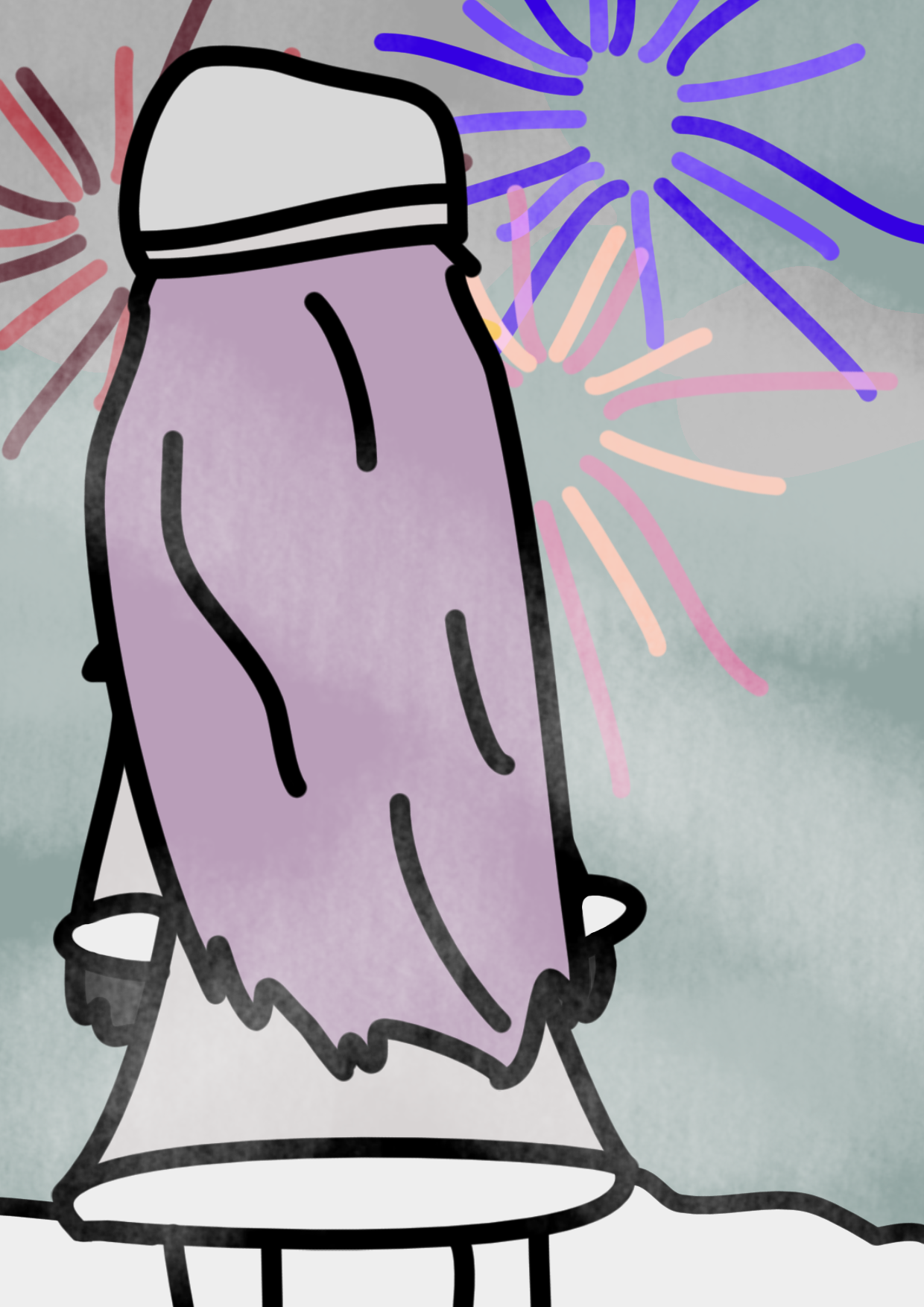 A digital drawing of Luka Megurine from the back view with the Eternal White module, the attire being a long white coat, black gloves and white high-heel boots, in snowy outdoors, looking at the sky filled with fireworks.