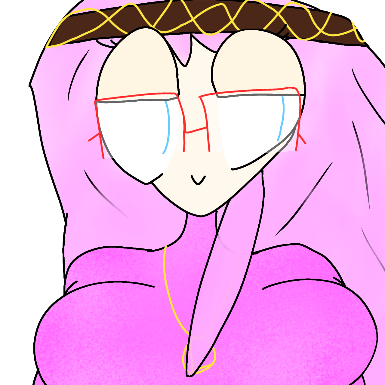 A digital portrait drawing of Luka Megurine with the Light & Casual module, looking away and smiling. The module's attire is a pink sweater, a gold necklace with a circle labeled the letter 'L', red glasses, and a hairband resembling the top of her headphones.