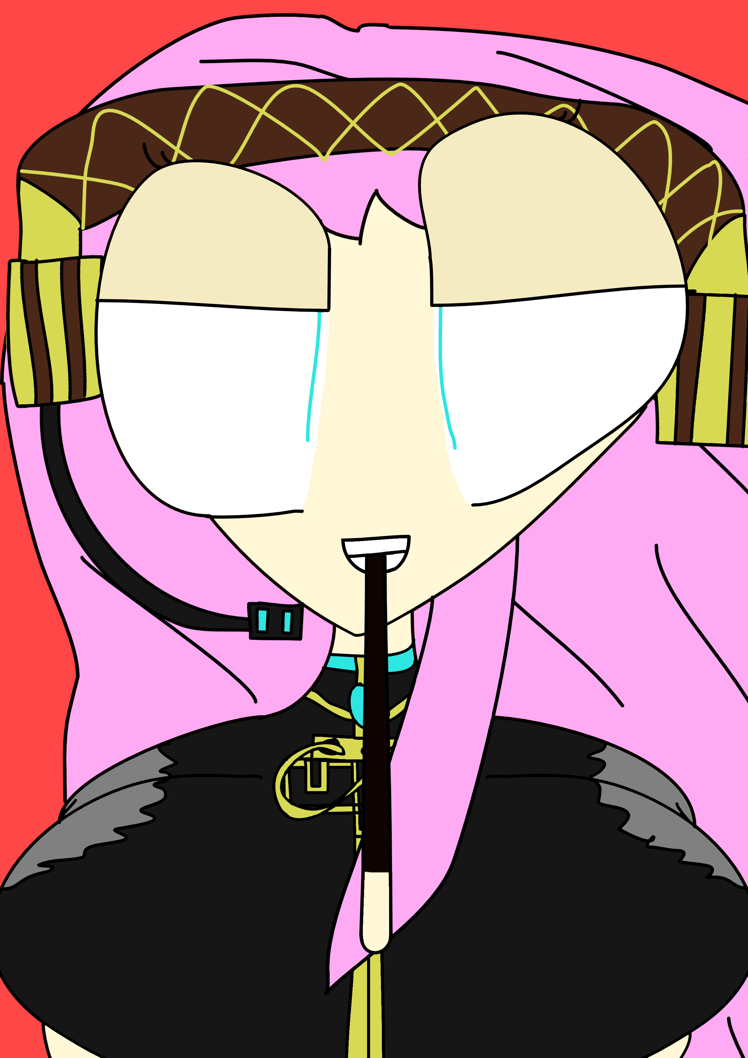 A portrait drawing of Luka Megurine, smiling and holding a Pocky stick with her mouth.